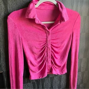 Y2k spandex pink shirt button down runched  hot pink